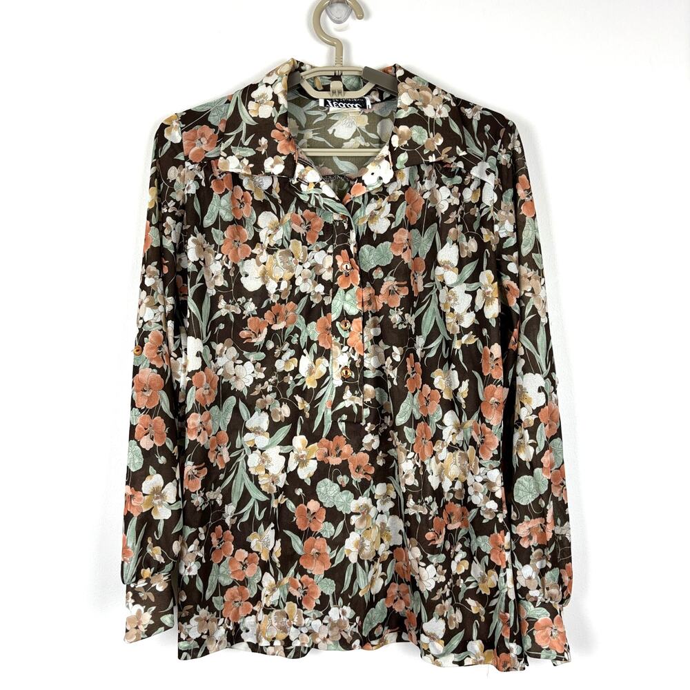 Vintage Teddi Floral Popover Blouse 70s Earth tones Brown USA roll tab sleeves
